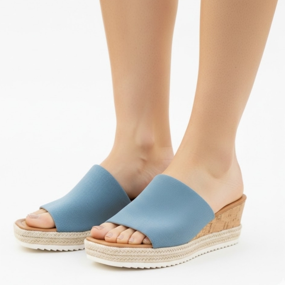 Steve Madden Blue Knit Slide Wedge Sandals Cork Espadrille Platform Shoes Size 9